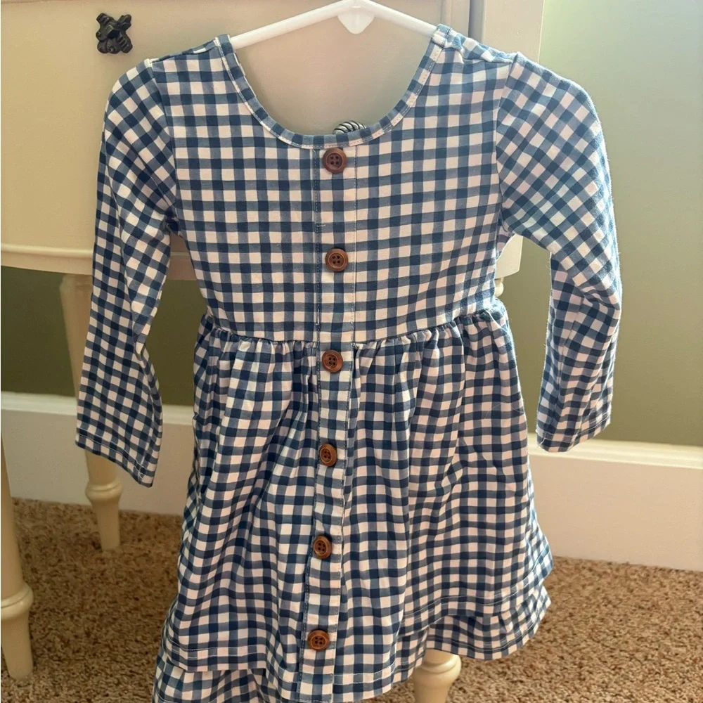 2T Little Magnolia Blue and White Gingham Long-Sleeve Kids Dress